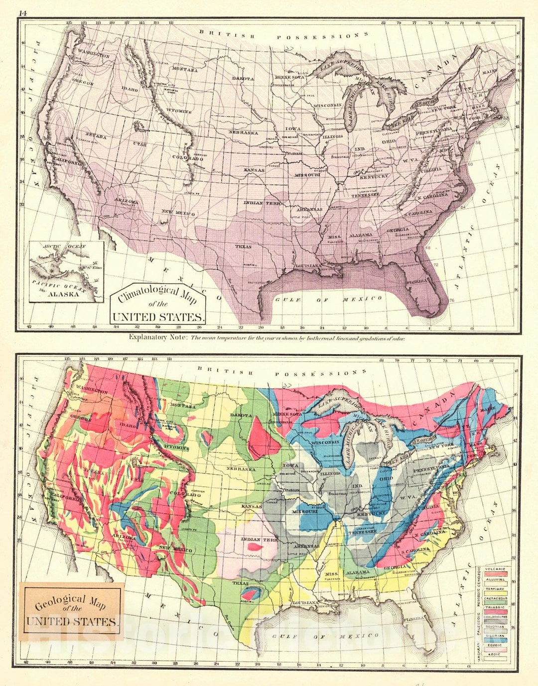 Historic Map : 1875 Climatological Map of the United States - Geological Map of the United States : Vintage Wall Art