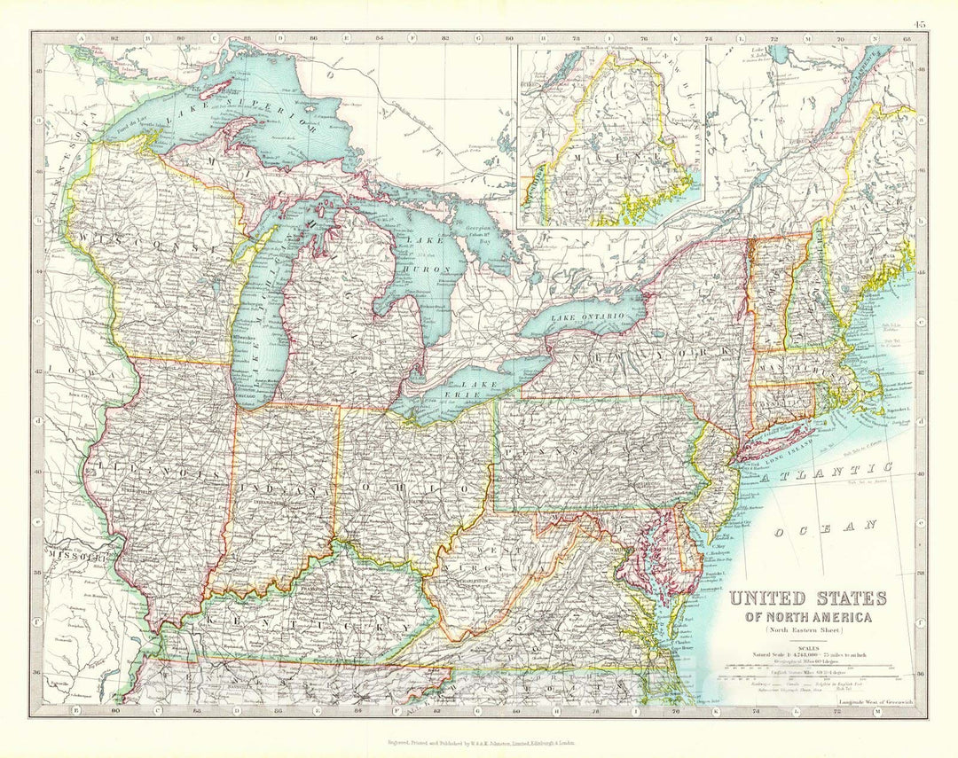 Historic Map : 1880 United States of North America. North Eastern Sheet : Vintage Wall Art