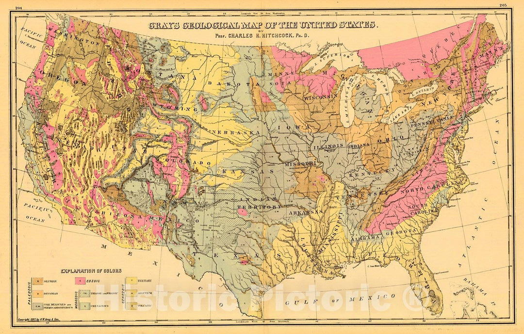 Historic Map : 1882 Gray's Geological Map of the United States : Vintage Wall Art