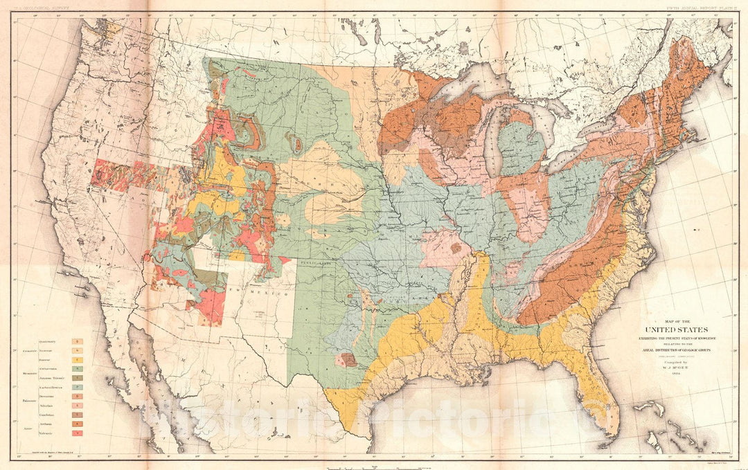 Historic Map : 1885 Map of the United States Exhibiting the Present Status of Knowledge Relating to the Areal Distribution of Geologic Groups : Vintage Wall Art