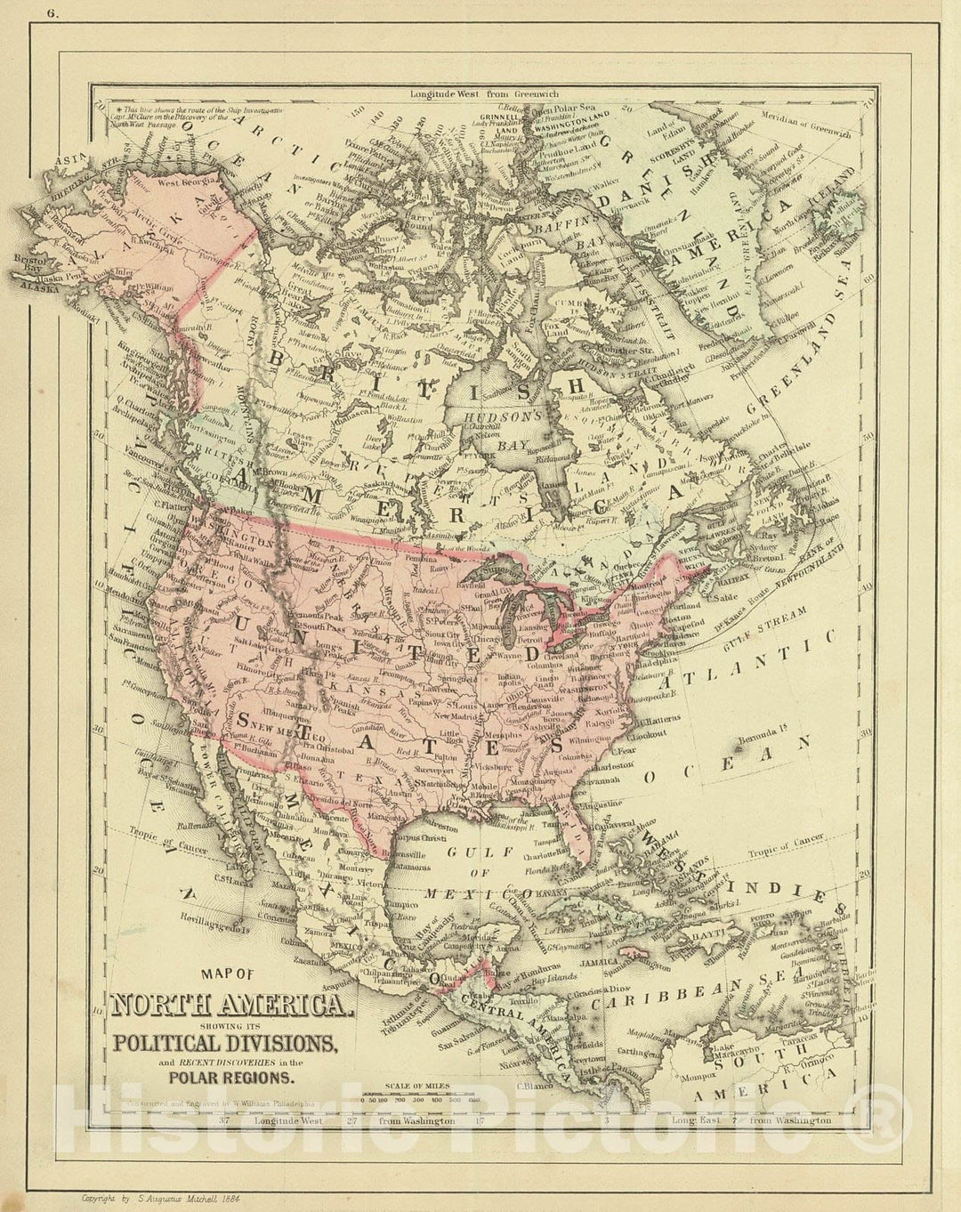 Historic Map : 1886 Map of North America showing its political divisions and recent discoveries in the Polar Regions : Vintage Wall Art