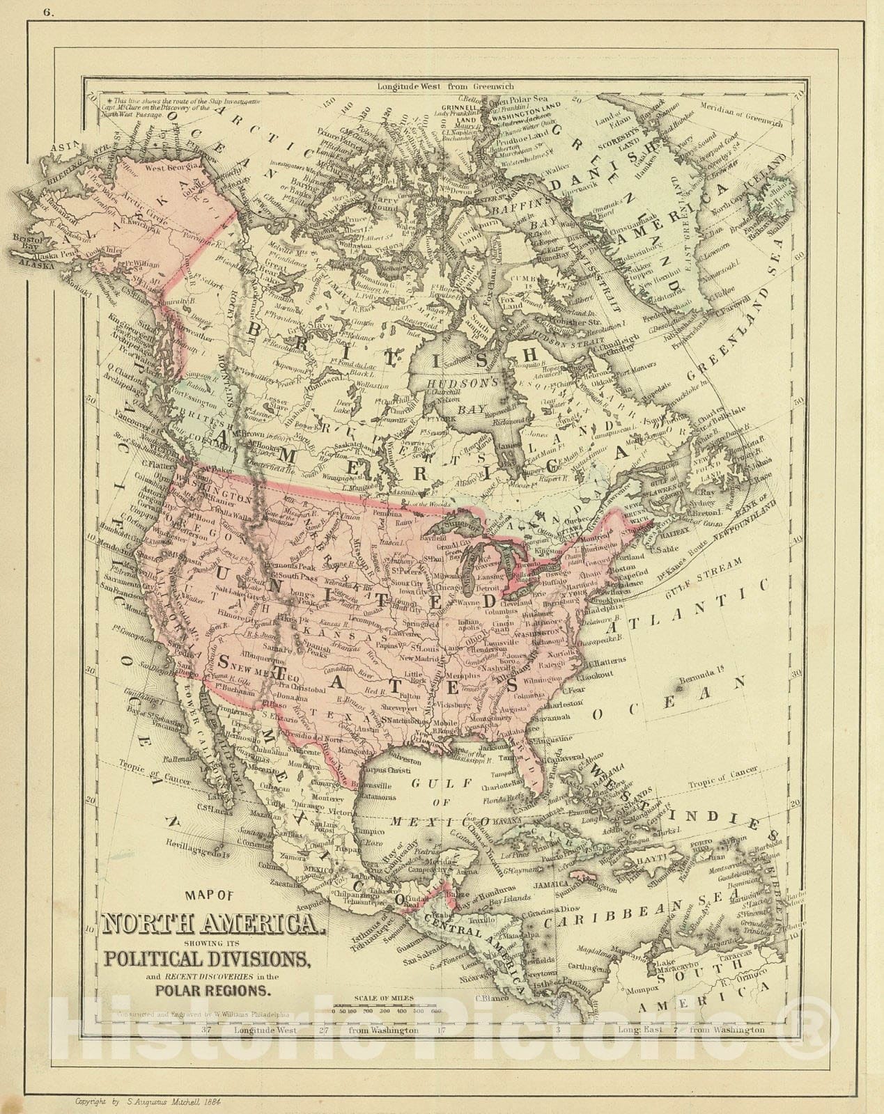 Historic Map : 1886 Map of North America showing its political divisions and recent discoveries in the Polar Regions : Vintage Wall Art