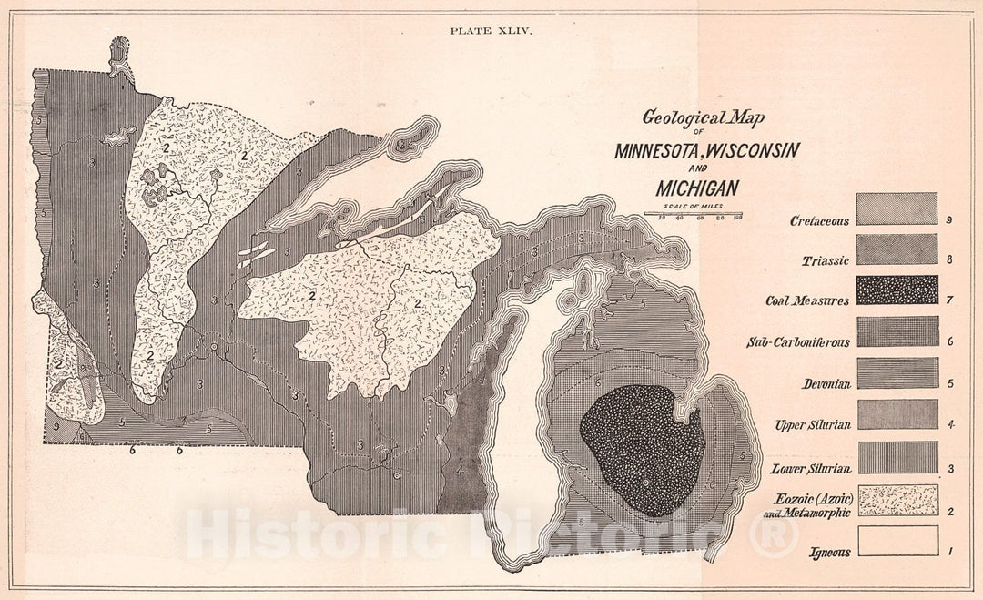 Historic Map : 1890 Geological Map of Minnesota, Wisconsin and Michigan : Vintage Wall Art