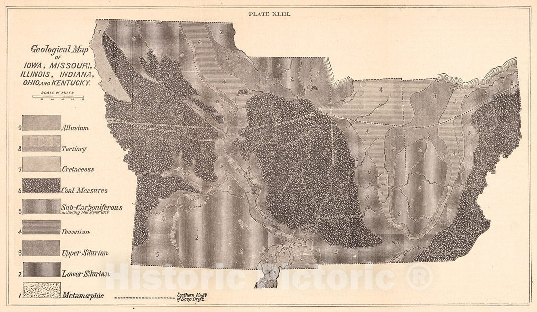 Historic Map : 1890 Geological Map of Iowa, Missouri, Illinois, Indiana, Ohio and Kentucky : Vintage Wall Art