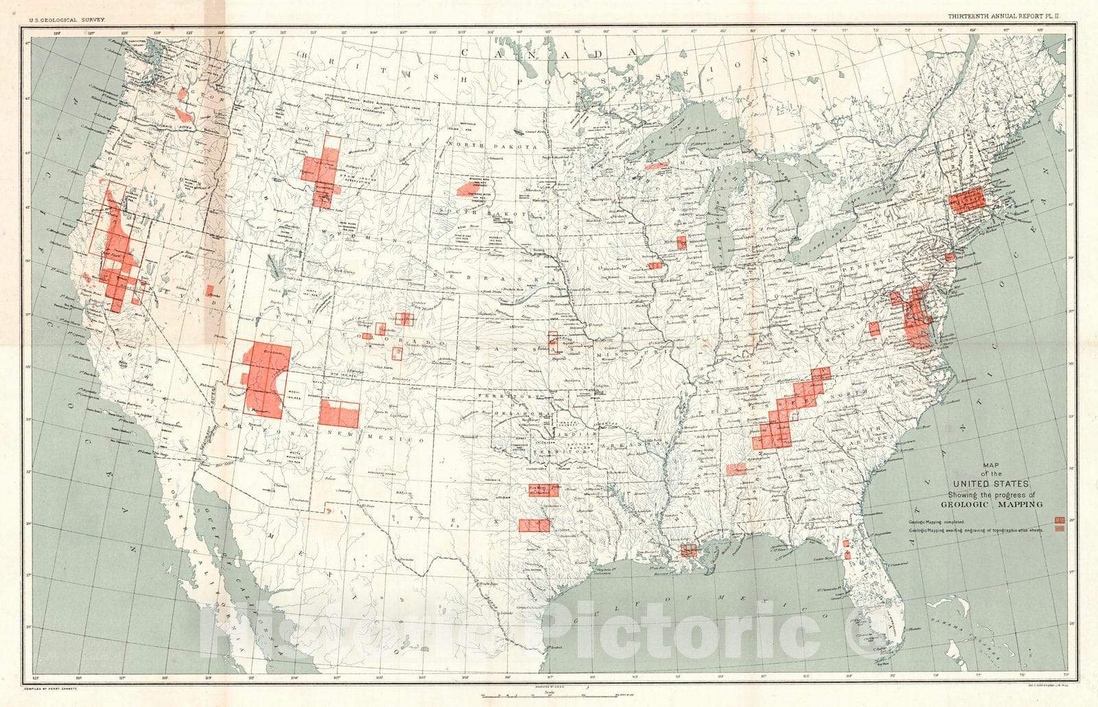 Historic Map : 1891 Map of the United States Showing the Progress of Geological Mapping : Vintage Wall Art