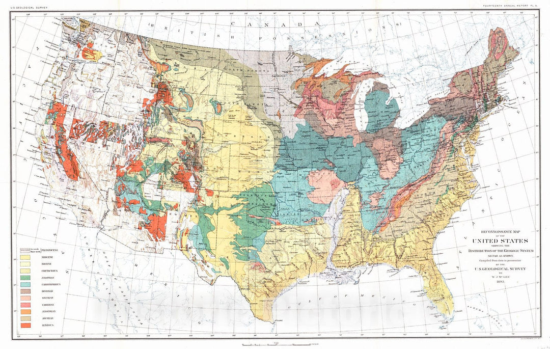 Historic Map : 1893 Reconnaissance Map of the United States Showing the Distribution of the Geological System so far as known  : Vintage Wall Art