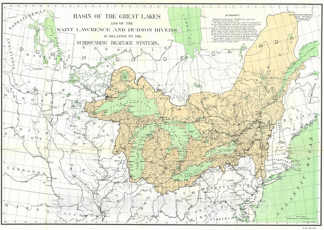 Historic Map : 1896 Basin of the Great Lakes and of the Saint Lawrence and Hudson Rivers in Relation to the Surrounding Drainage Systems : Vintage Wall Art