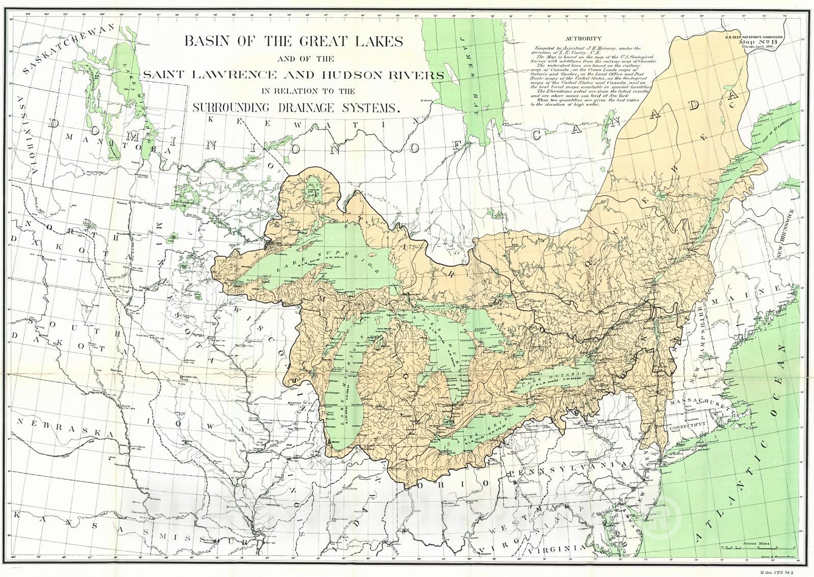 Historic Map : 1896 Basin of the Great Lakes and of the Saint Lawrence and Hudson Rivers in Relation to the Surrounding Drainage Systems : Vintage Wall Art