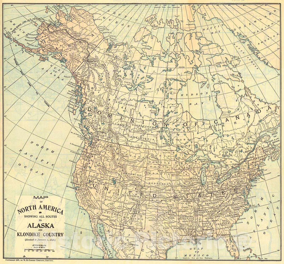 Historic Map : 1898 Map of North America Showing All Routes to Alaska and Klondike County : Vintage Wall Art