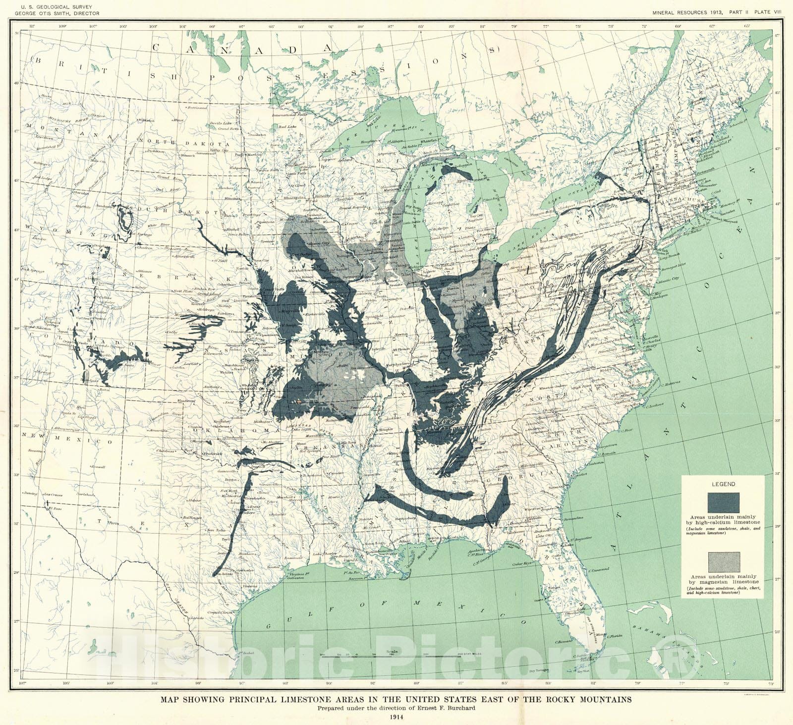 Historic Map : 1914 Map Showing Principal Limestone Areas in the United States East of the Rocky Mountains : Vintage Wall Art