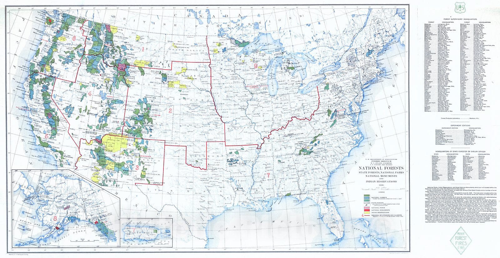 Historic Map : 1930 National Forests, State Forests, National Parks, National Monuments and Indian Reservations : Vintage Wall Art