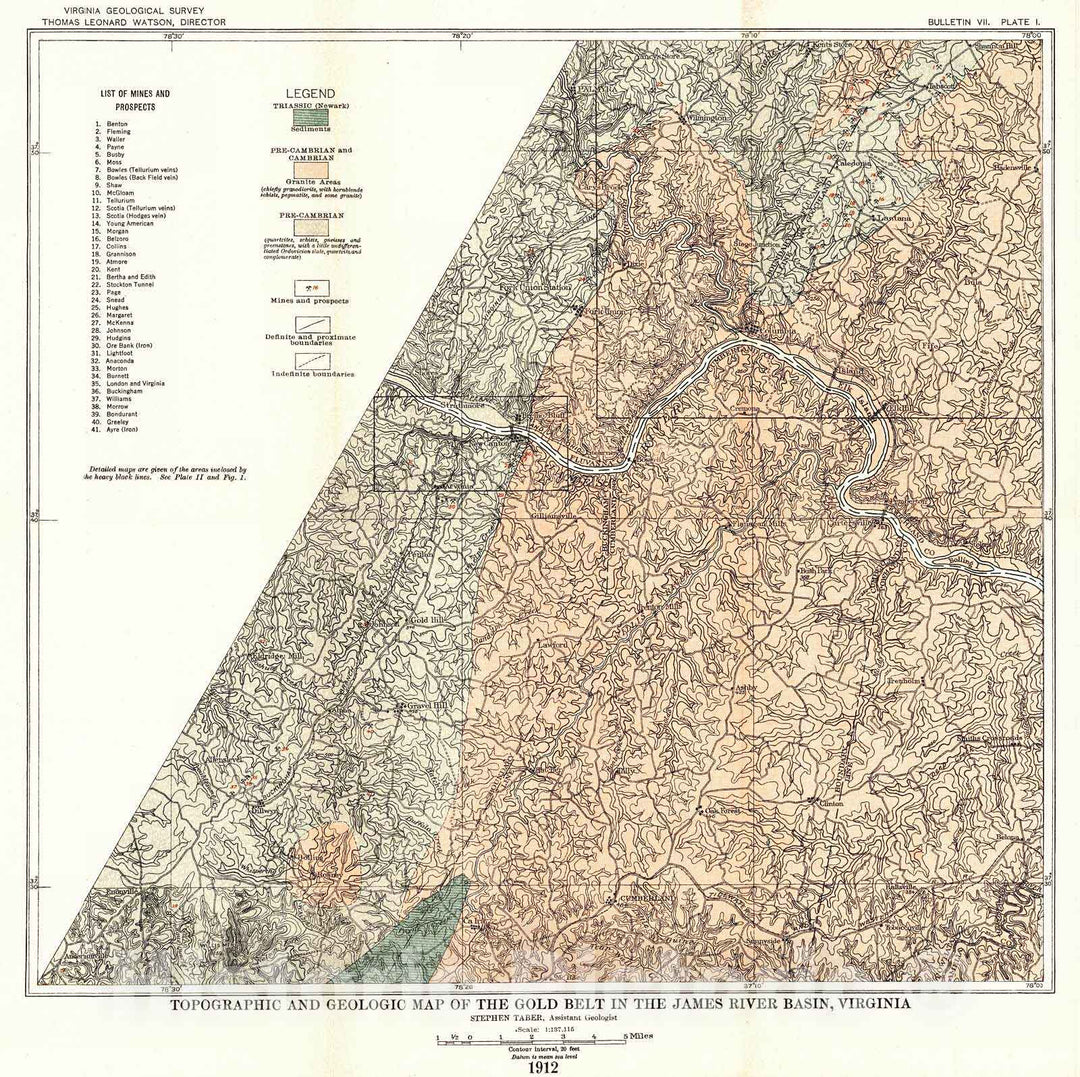 Historic Map : 1912 Topographic and Geologic Map of the Gold Belt in the James River Basin, Virginia : Vintage Wall Art