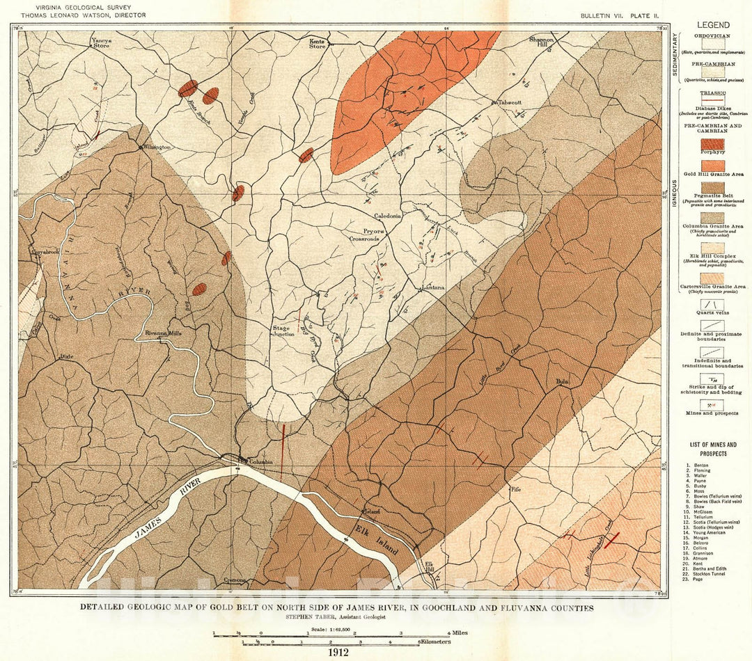 Historic Map : 1912 Detailed Geologic Map of Gold Belt on North Side of James River, in Goochland and Fluvanna Counties : Vintage Wall Art