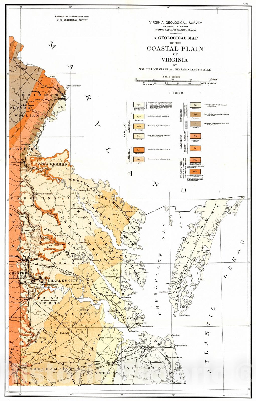 Historic Map : 1912 A Geological Map of the Coastal Plain of Virginia : Vintage Wall Art