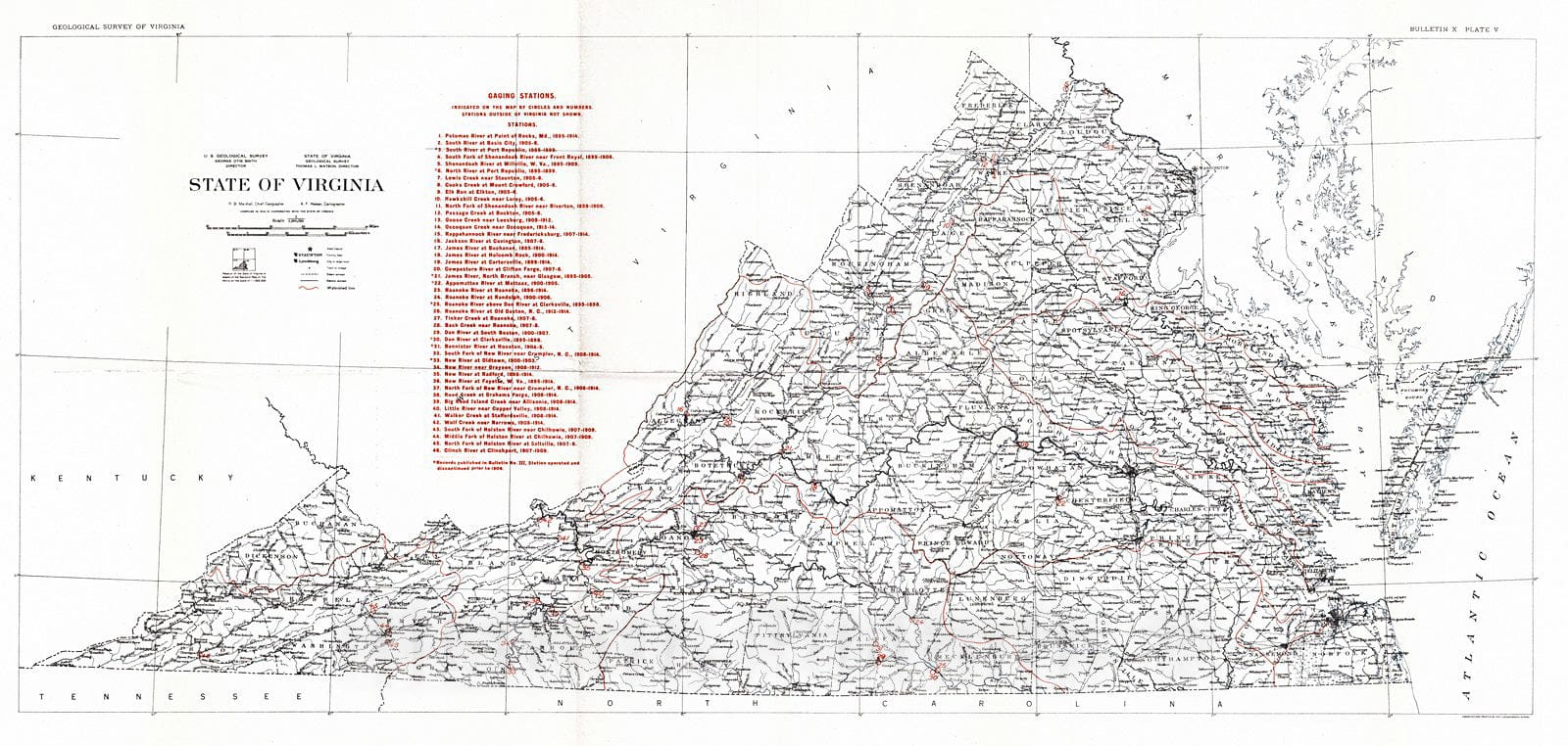 Historic Map : 1914 State of Virginia (Showing Gaging Stations)  : Vintage Wall Art