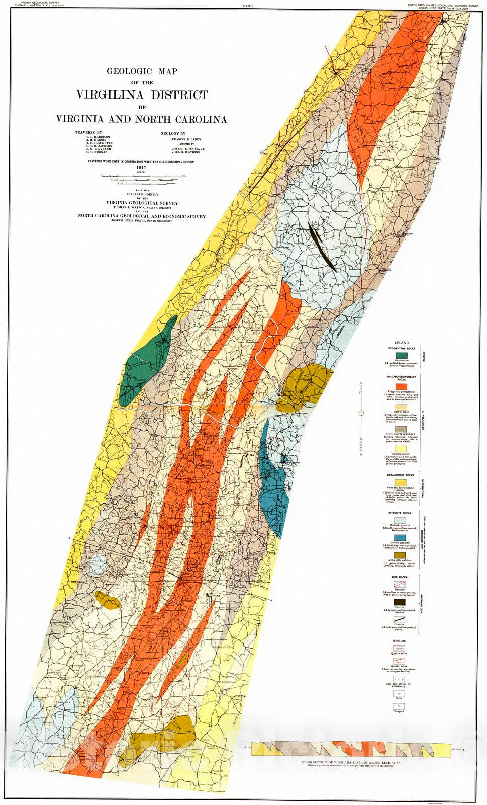 Historic Map : 1917 Geological Map of Virgilina District of Virginia and North Carolina : Vintage Wall Art