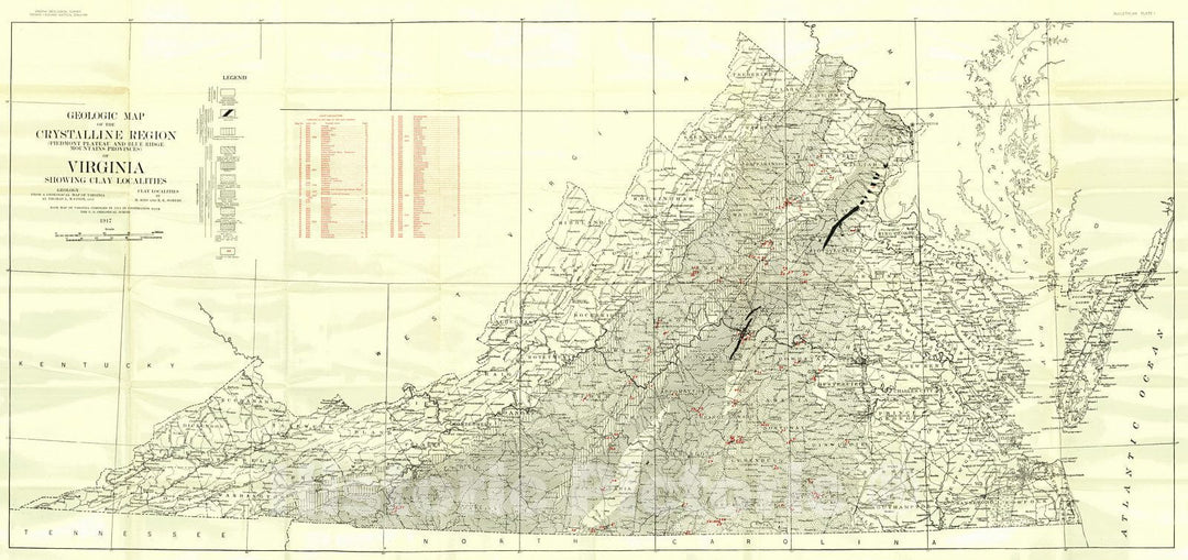 Historic Map : 1917 Geologic Map of the Crystalline Region of Virginia showing Clay Localities : Vintage Wall Art