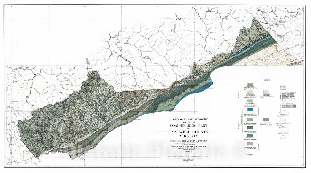 Historic Map : 1918 A Geological and Economic Map of the Coal-Bearing Part of Tazewell County, Virginia : Vintage Wall Art