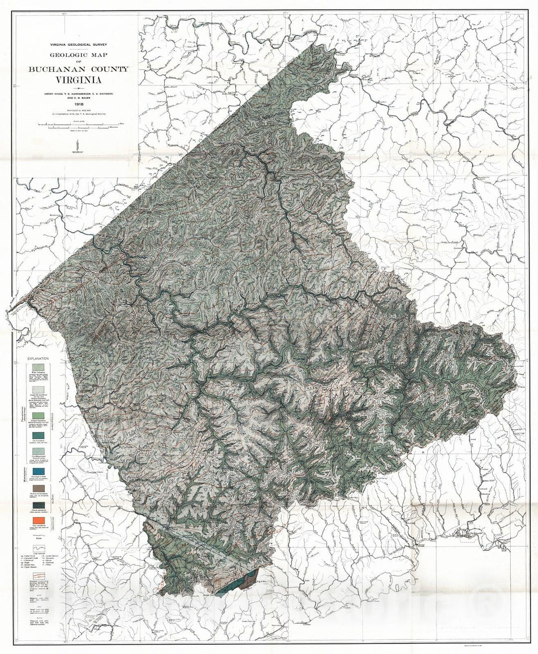 Historic Map : 1918 Geologic Map of Buchanan County, Virginia  : Vintage Wall Art