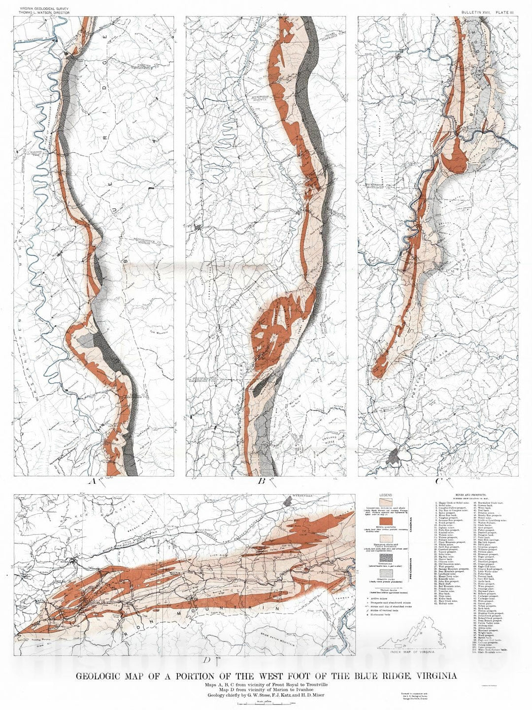 Historic Map : 1919 Geologic Map of a Portion of the West Foot of the Blue Ridge, Virginia : Vintage Wall Art