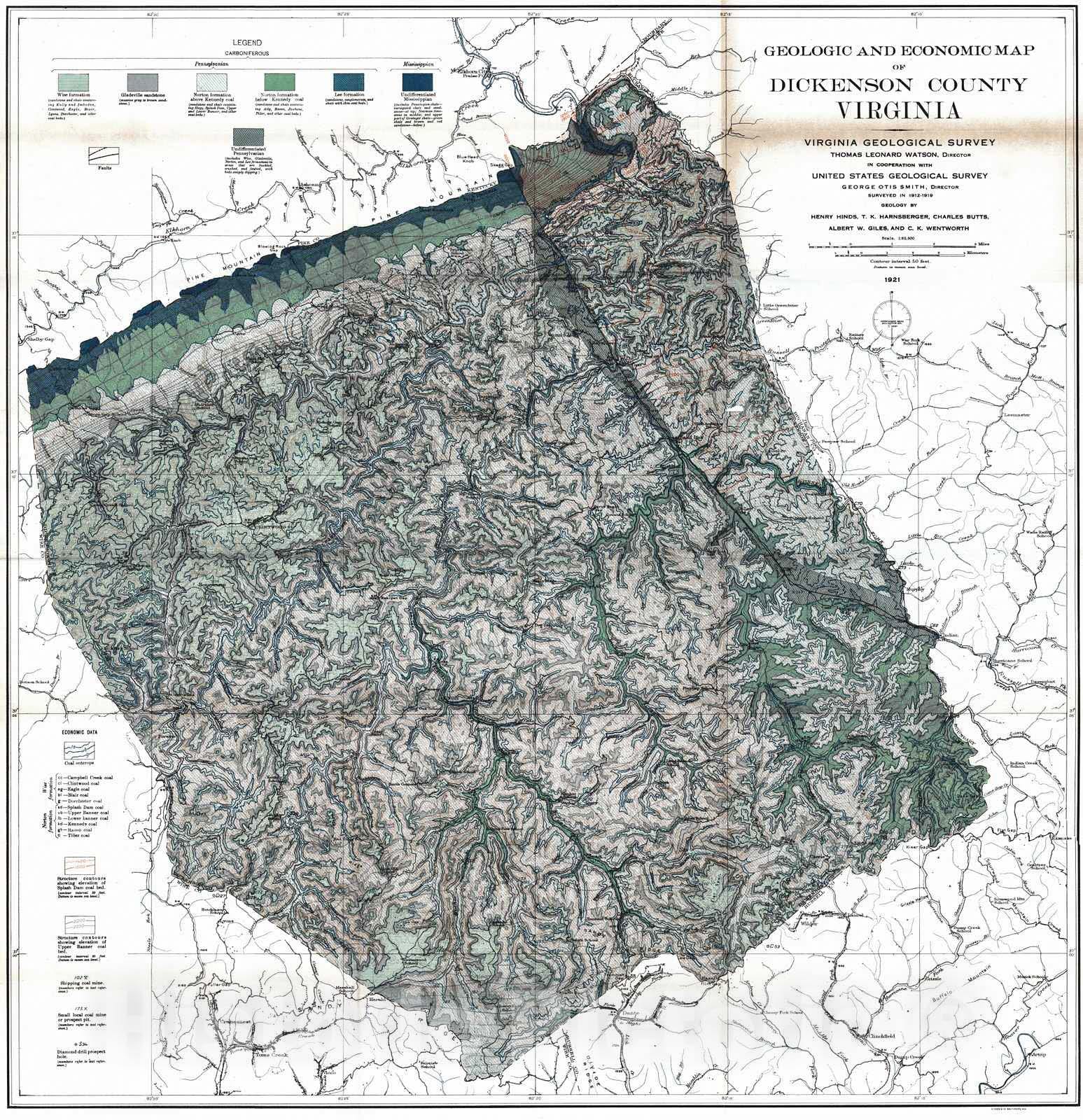 Historic Map : 1921 Geologic and Economic Map of Dickenson County, Virginia : Vintage Wall Art