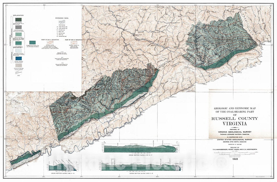 Historic Map : 1922 Geologic and Economic Map of the Coal-Bearing Part of Russell County, Virginia : Vintage Wall Art