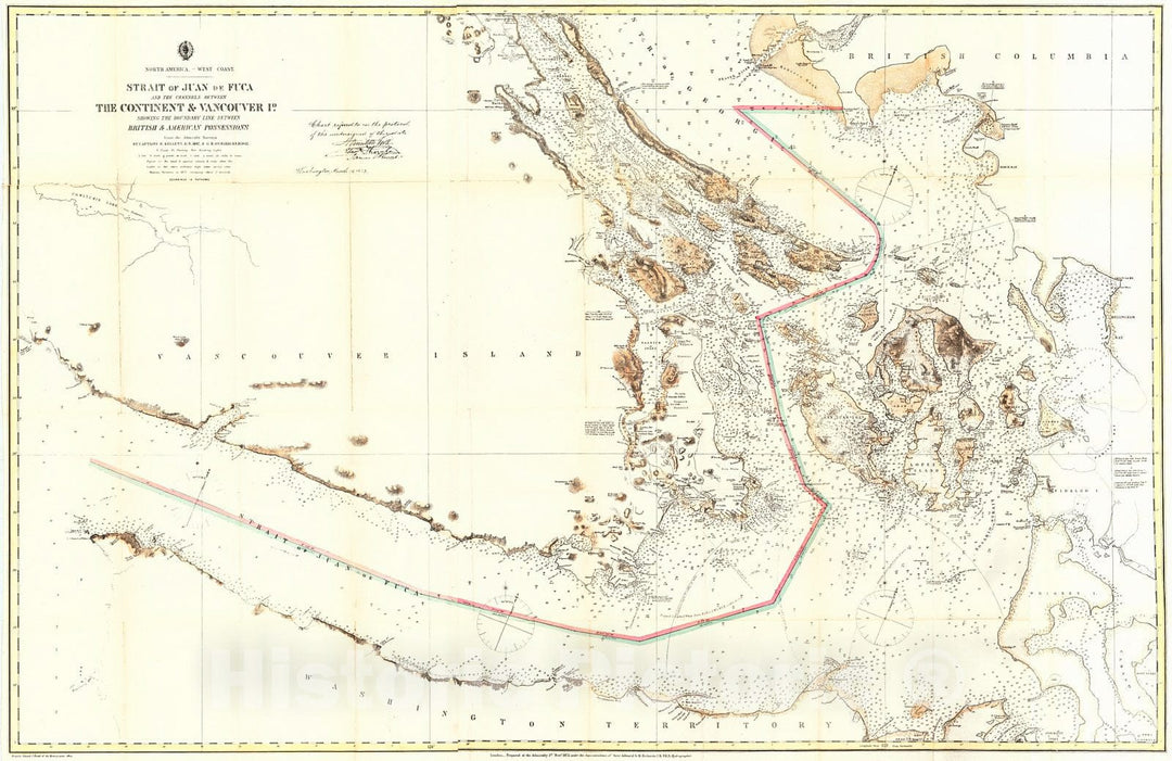 Historic Map : 1872 Strait of Juande de Fuca and the Channels between the Continent and Vancover Island : Vintage Wall Art