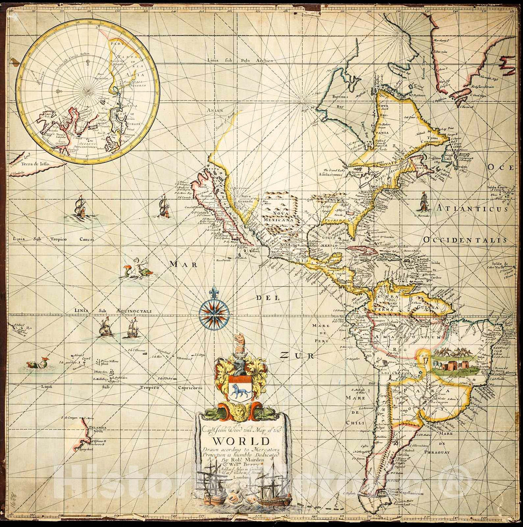 Historic Map : 1688 To Captain John Wood This Map of the World drawn according to Mercators Projection humbly dedicated by Robt. Morden & Willm. Berry. : Vintage Wall Art