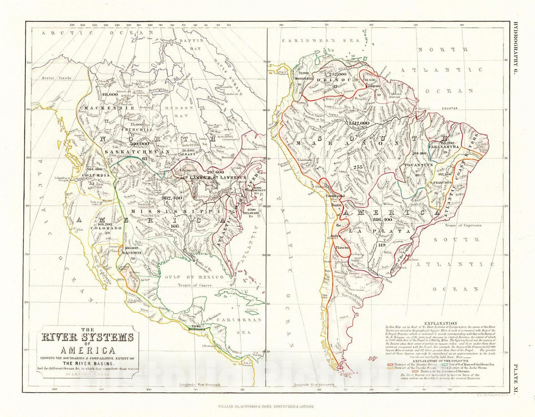 Historic Map : 1860 The River Systems of America Showing The Boundaries & Comparative Extent of the River Basins, and the different Oceans : Vintage Wall Art