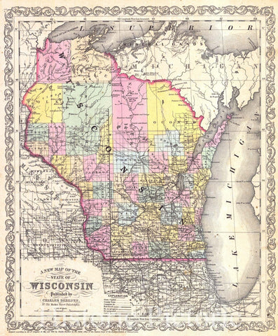 Historic Map : 1856 A New Map of the State of Wisconsin : Vintage Wall Art
