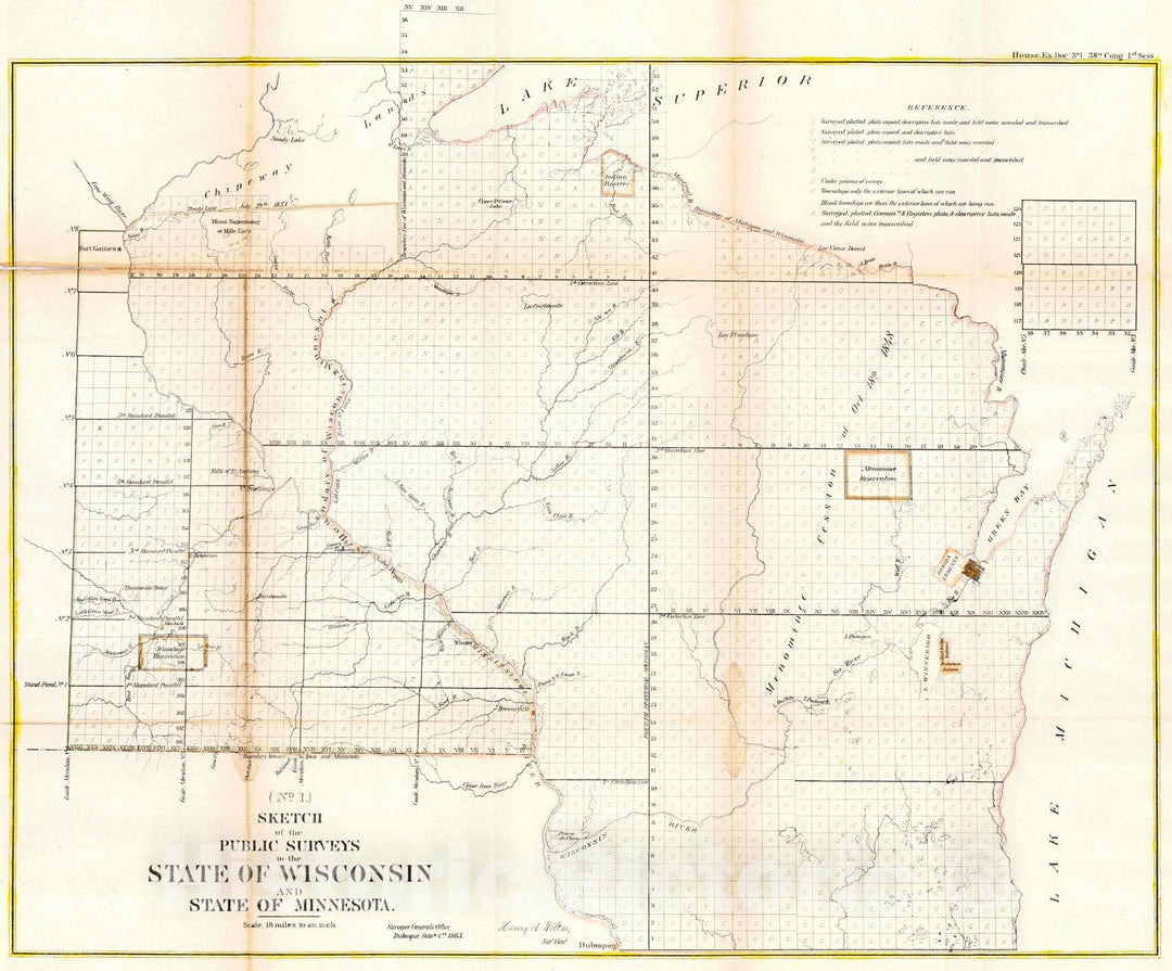 Historic Map : 1863 Sketch of the Public Surveys in the State of Wisconsin and State of Minnesota : Vintage Wall Art