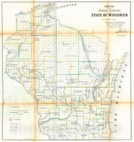 Historic Map : 1866 Sketch of the Public Surveys in the State of Wisconsin : Vintage Wall Art
