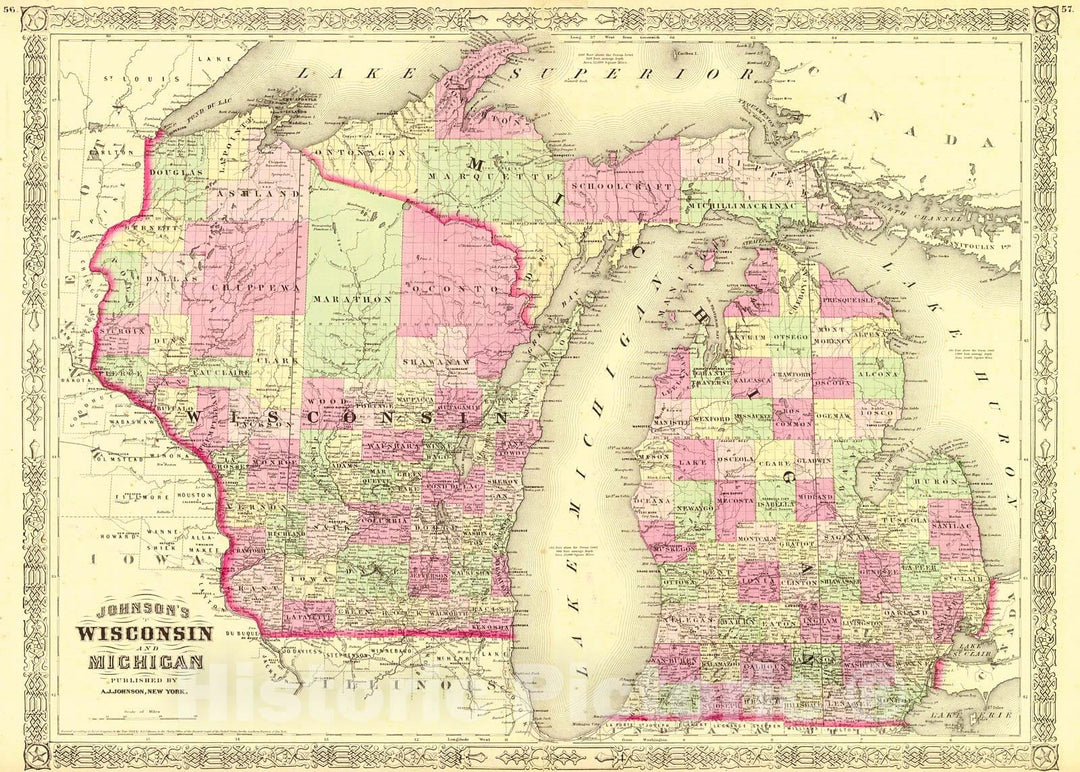 Historic Map : 1872 Johnson's Wisconsin and Michigan : Vintage Wall Art