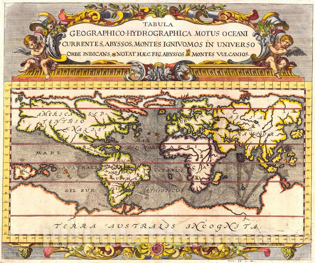 Historic Map : 1696 Tabula Geographica - Hydrographica Motus Ocean: Currentes, Abyssos, Montes, Ignivomas, in Universo Orbe : Vintage Wall Art