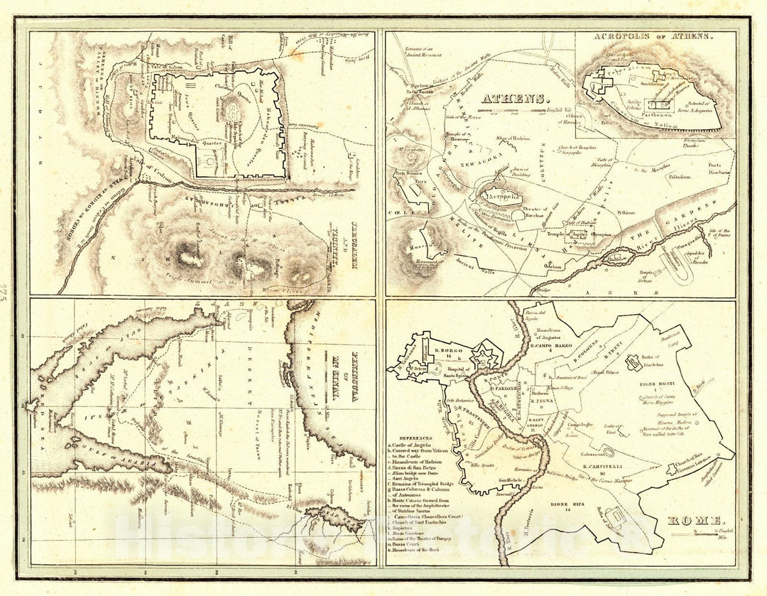 Historic Map : 1835 Athens, Rome, Jerusalem and Vicinity, Peninsula of Mt. Sinai : Vintage Wall Art