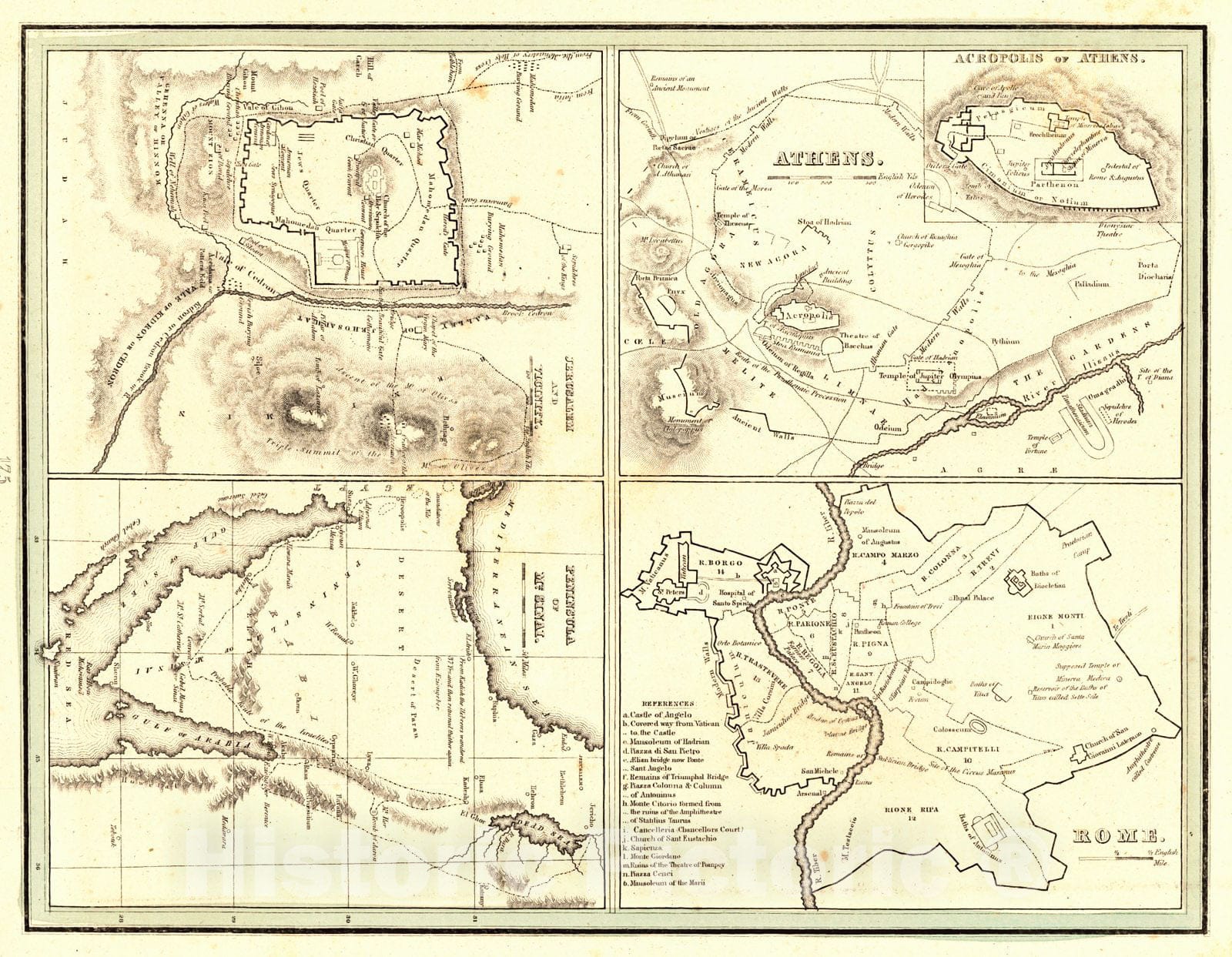 Historic Map : 1835 Athens, Rome, Jerusalem and Vicinity, Peninsula of Mt. Sinai : Vintage Wall Art