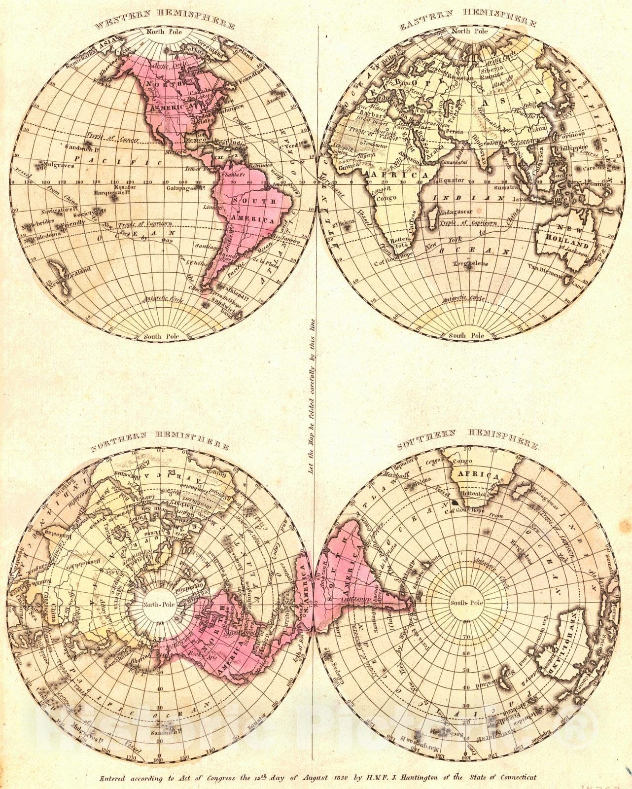 Historic Map : 1836 Western Hemisphere - Eastern Hemisphere - Northern Hemisphere - Southern Hemisphere : Vintage Wall Art