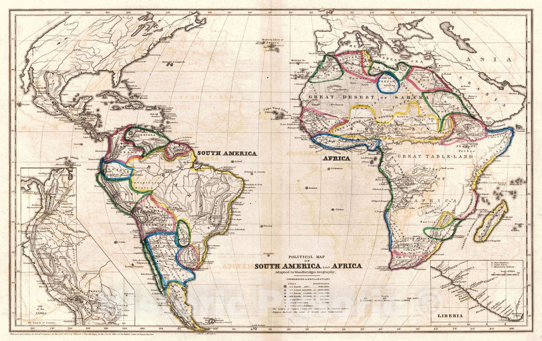 Historic Map : 1843 Political Map of South America and Africa : Vintage Wall Art