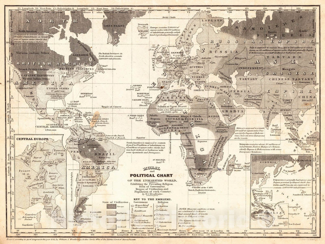 Historic Map : 1845 Moral and Political Chart of the World Exhibiting the Religion, Government, Degree of Civilization and Populationm of each Country : Vintage Wall Art