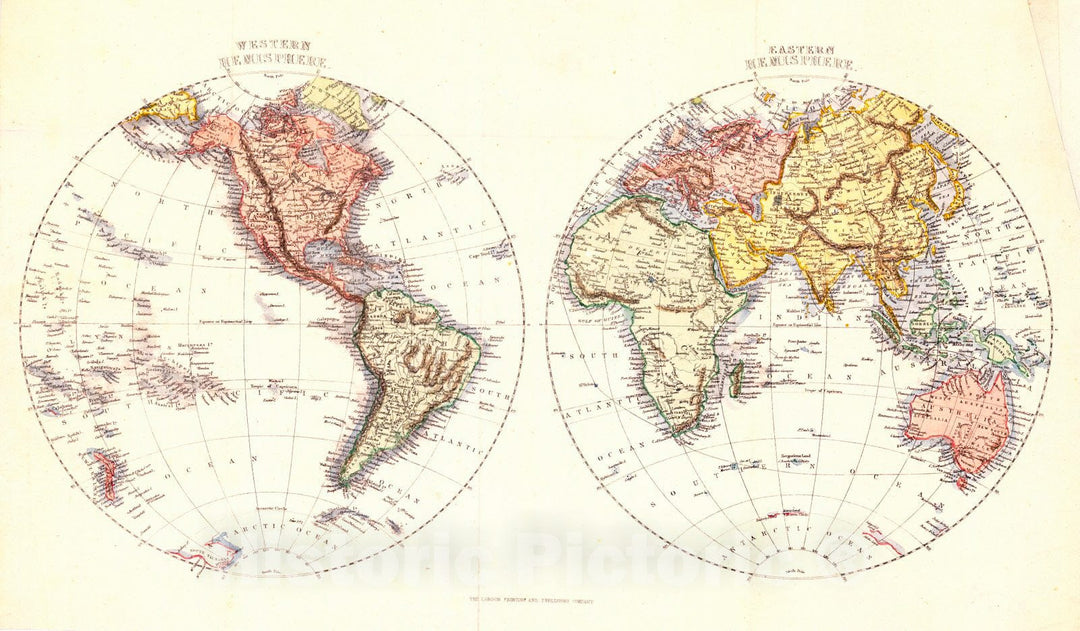 Historic Map : 1850 Western Hemisphere and Eastern Hemisphere  : Vintage Wall Art