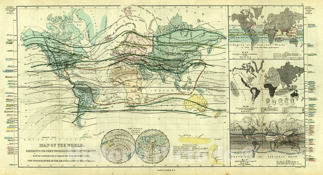 Historic Map : 1861 Map of the World Exhibiting the Chief Physical Features of the Earth : Vintage Wall Art