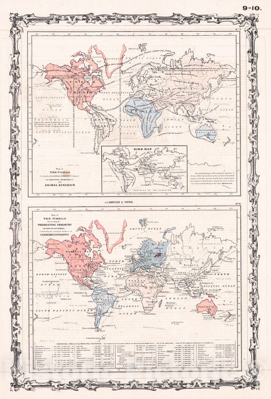 Historic Map : 1862 Map of the World Showing the Geographical Distribution and Range of the Principal Members of the Animal Kingdom, Alvin J. Johnson : Vintage Wall Art