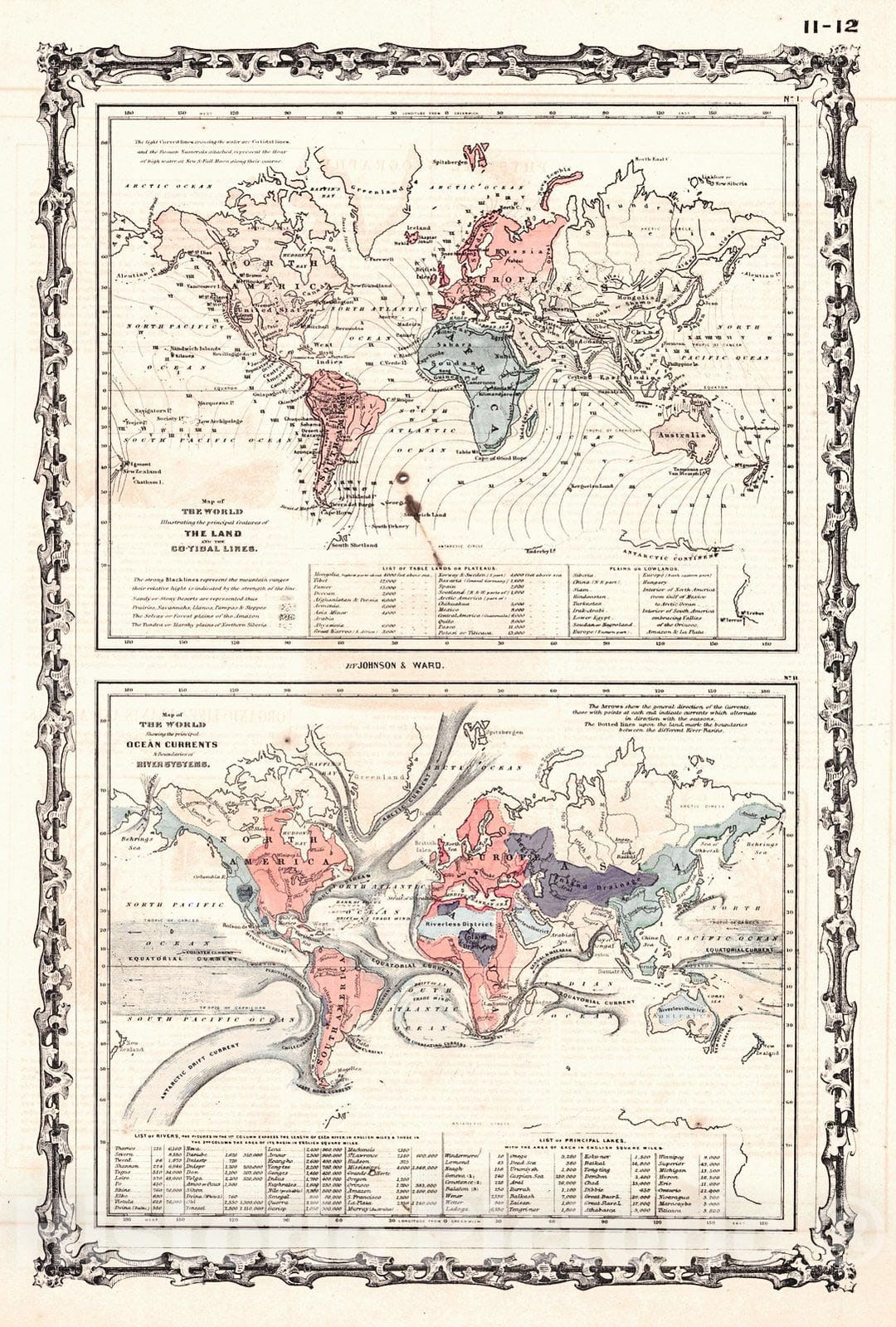 Historic Map : 1862 Map of the World Illustrating the Principal Features of the Land and Co-Tidal Lines, Principal Ocean Currents & Boundaries of River Systems  : Vintage Wall Art