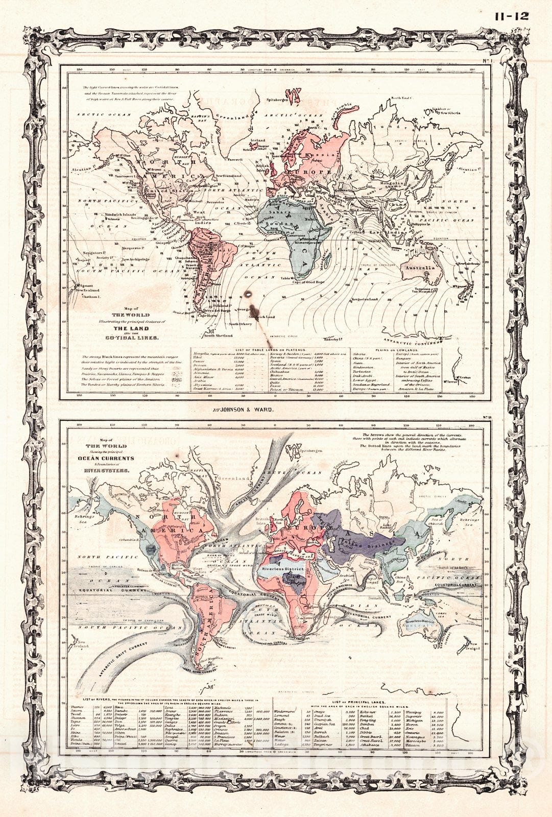 Historic Map : 1862 Map of the World Illustrating the Principal Features of the Land and Co-Tidal Lines, Principal Ocean Currents & Boundaries of River Systems  : Vintage Wall Art