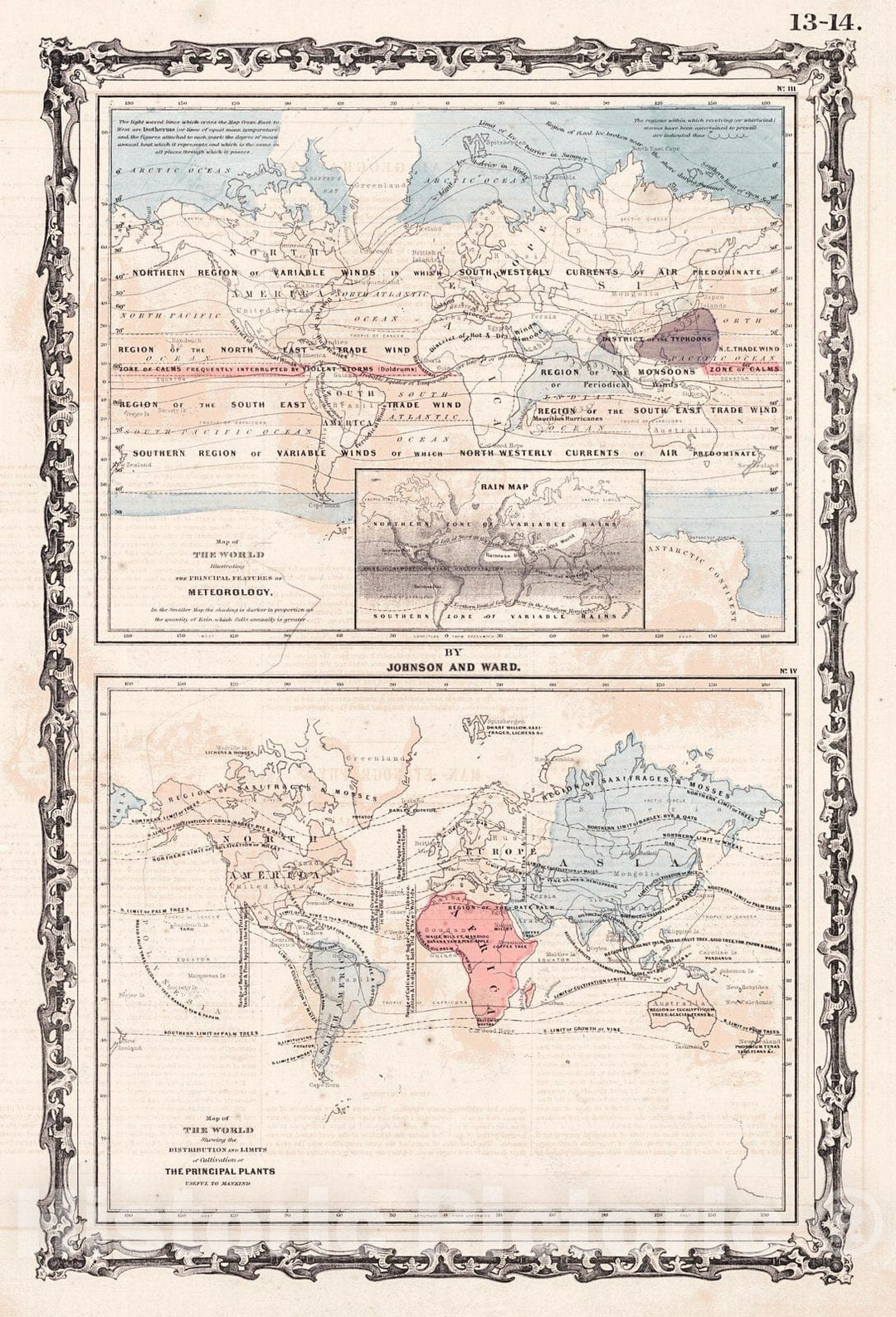 Historic Map : 1862 Map of the World Illustrating the Principal Features of Meterology, Principal Ocean Currents & Boundaries of River Systems  : Vintage Wall Art