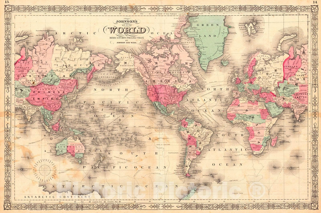 Historic Map : 1864 Johnson's Map of the World on Mercator's Projection : Vintage Wall Art