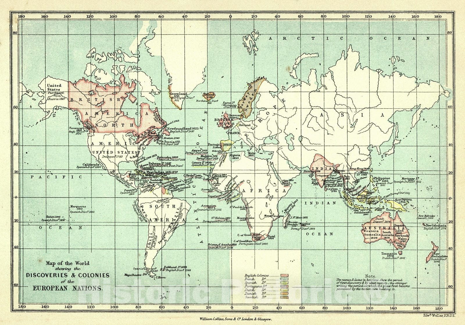 Historic Map : 1872 Map of the World showing the Discoveries and Colonies of the European Nations : Vintage Wall Art