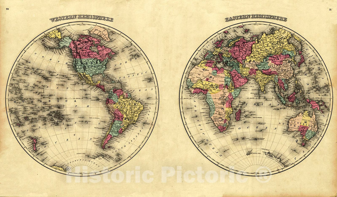 Historic Map : 1873 Western Hemisphere, Eastern Hemisphere : Vintage Wall Art