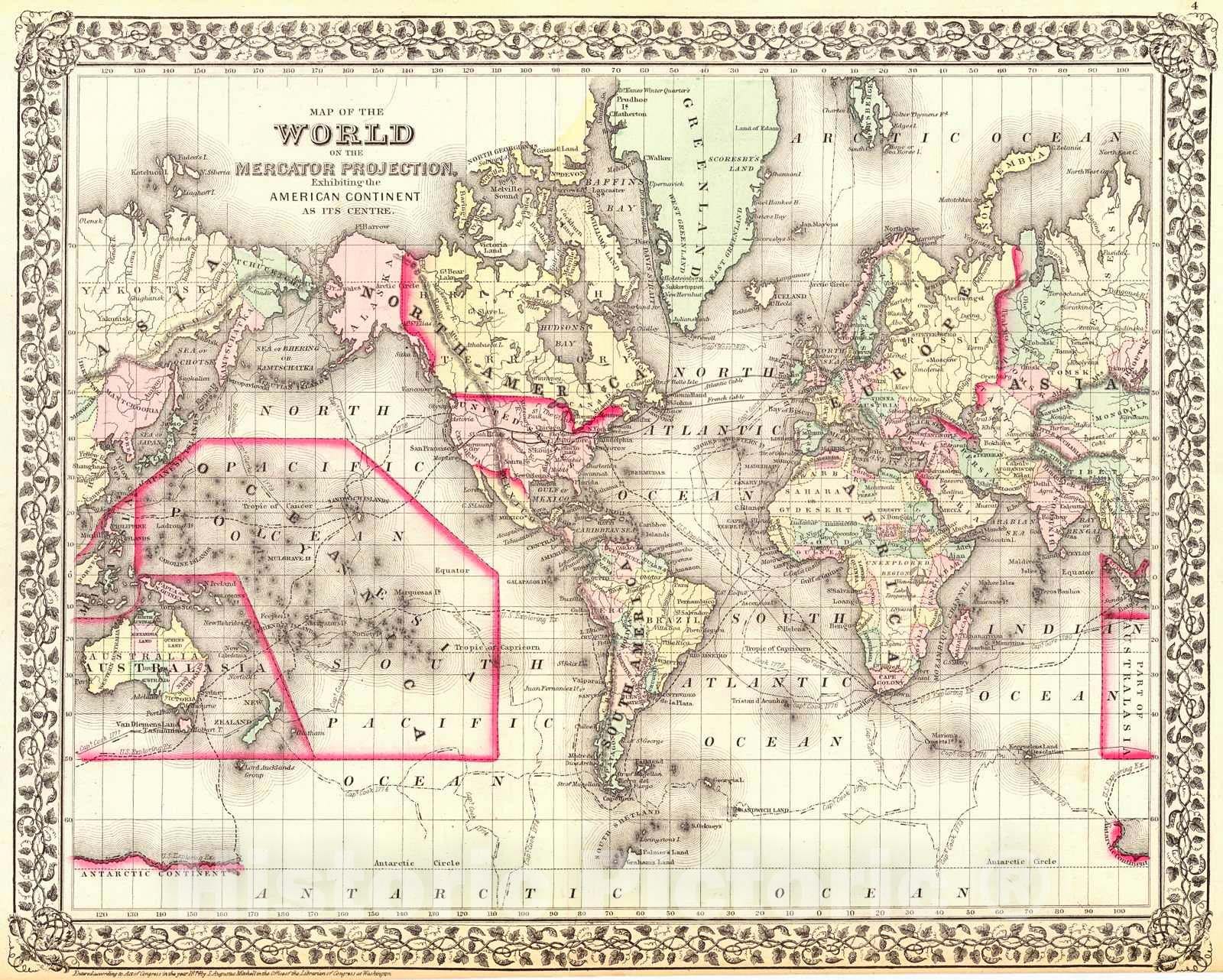 Historic Map : 1874 Map of the World on the Mercator Projection, Exhibiting the American Continent at Its Centre : Vintage Wall Art