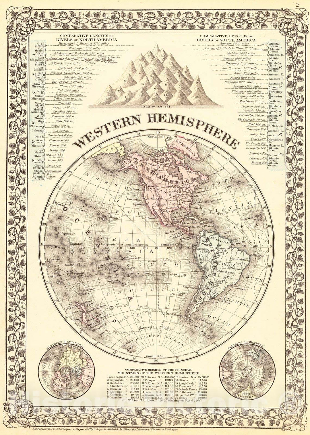 Historic Map : 1874 Western Hemisphere - Eastern Hemisphere            : Vintage Wall Art